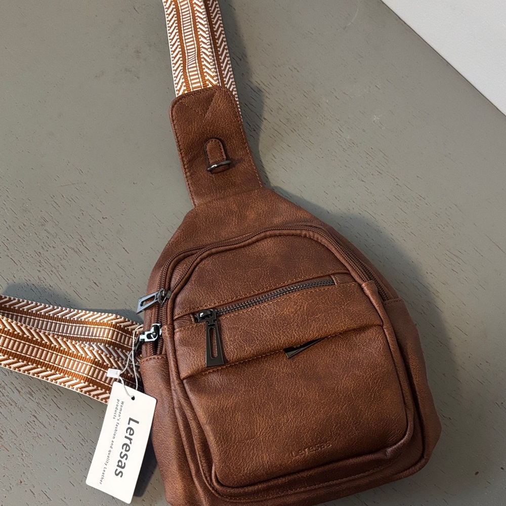 Brown Crossbody Bag with Patterned Strap